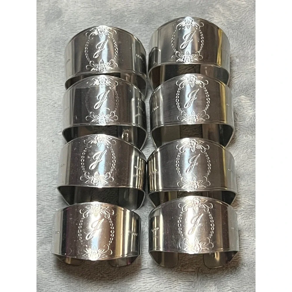 Custom Craft Silverplate Monogram J Napkin Rings Set of 8 Floral Engraved VTG